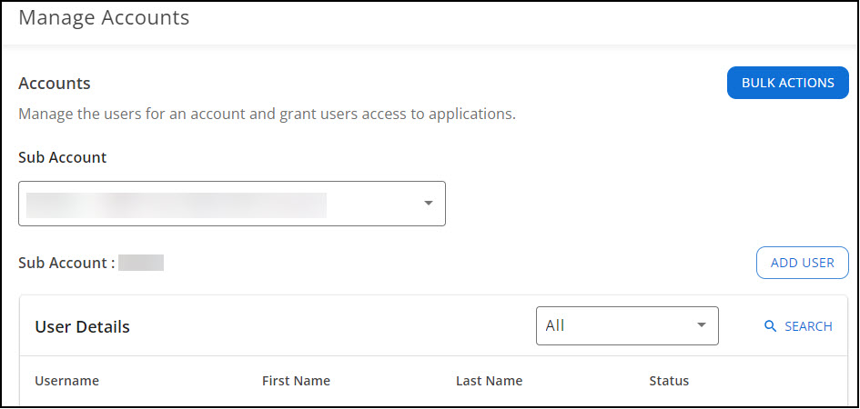 Image showing the manage accounts section for a multi-site.